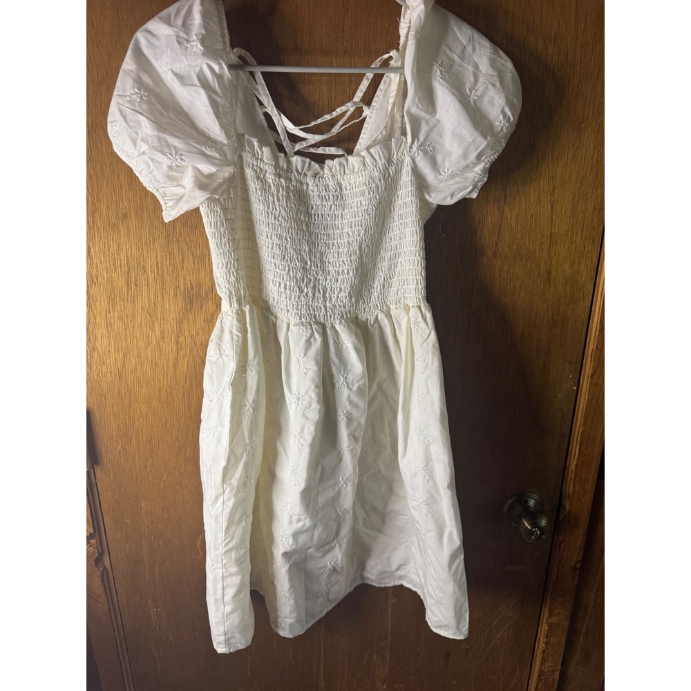 White Eyelet Puff Sleeve Mini Dress Smocked Lace Up Back Cottagecore Cream
